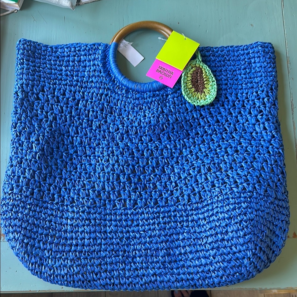 Chic Blue Crochet Tote with Wooden Handles